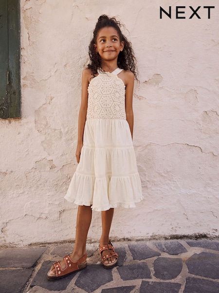 Ecru 100% Cotton Halter Next Crochet Trim Dress (3-16yrs) (AT3023) | £19 - £25