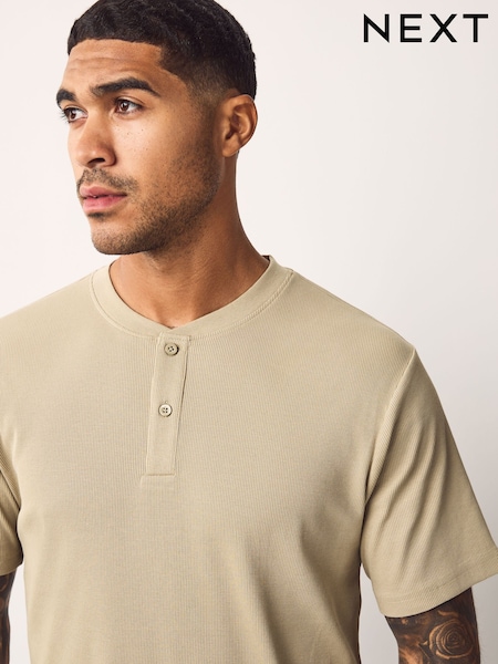 Neutral Stone Ribbed Textured Grandad Neck T-Shirt (AT3025) | £12