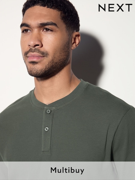 Green Ribbed Textured Grandad Neck T-Shirt (AT3027) | £12