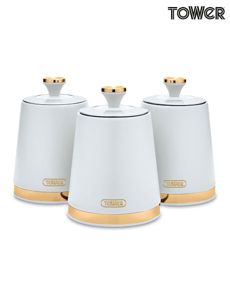 Tower Set of 3 Optic White with Champagne Gold Cavaletto Storage Canisters (AT3042) | £33