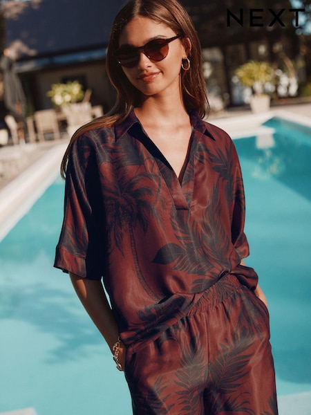 Brown/Navy Palm Print V-Neck Collared Satin Shirt (AT3059) | £40