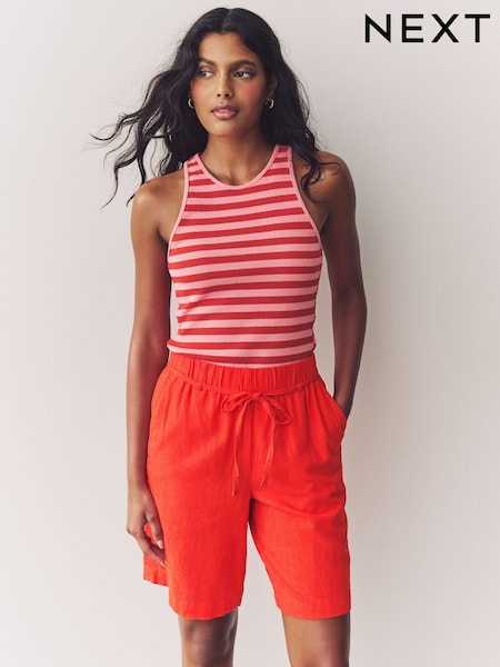 Red Tie Waist Linen Blend Bermuda Knee Shorts (AT3068) | £20