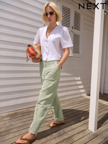 Sage Green 100% Cotton Embroidered Trousers (AT3077) | £49