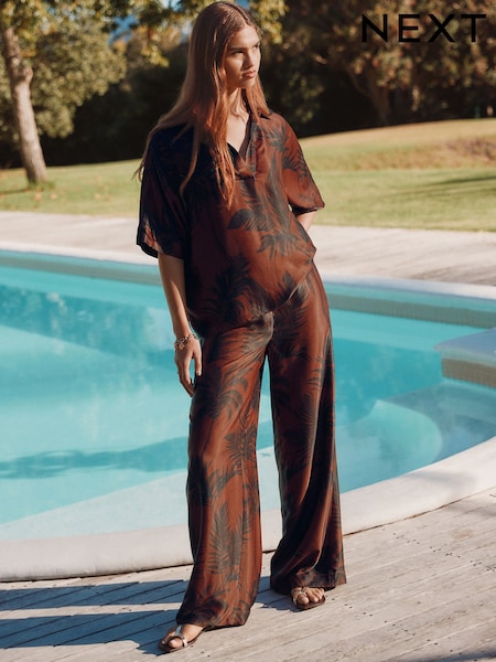 Brown Palm Print Wide Leg Satin Trousers (AT3079) | £46