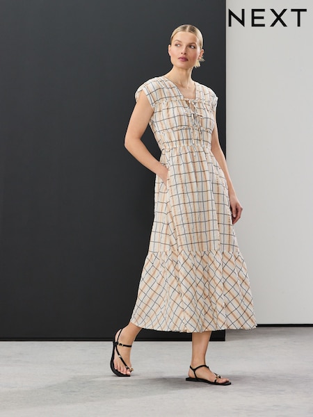 Cream And Black Check Tie Front Short Sleeve Midi Dress (AT3198) | £56