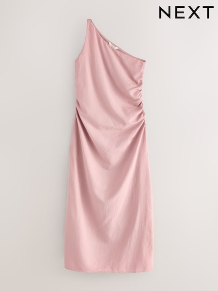 Dusty Pink One Shoulder Rouched Maxi Dress With Linen (AT3300) | £42