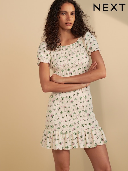 Ecru Ditsy Print Shirred Puff Sleeve Mini Dress (AT3309) | £32