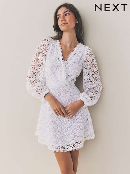 White Long Sleeve Lace A-Line Mini Dress (AT3313) | £94