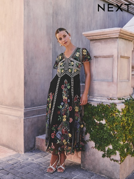 Black Premium Embroidered Occasion Maxi Dress (AT3316) | £180