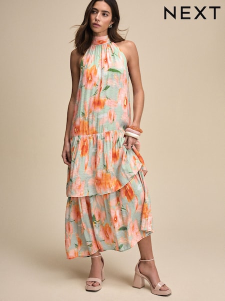 Light Blue And Orange Smudge Print Halter Tie Neck Layered Maxi Dress (AT3319) | £115