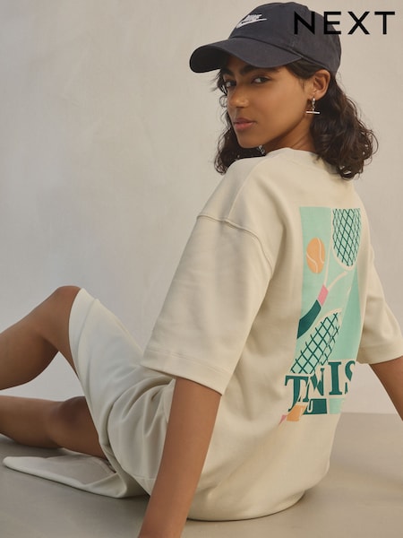 White Ecru Tennis Graphic Short Sleeve Crew Neck Jersey Back Graphic Midi Dress (AT3349) | £30