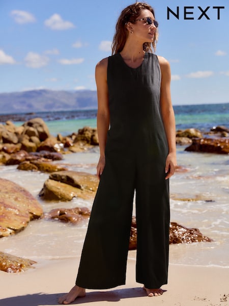 Black Linen Sleeveless Jumpsuit (AT3353) | £40
