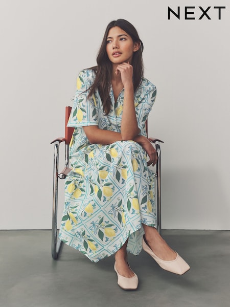 White Lemon and Blue Check Print Short Sleeve Drop Waist 100% Cotton Maxi Shirt Dress (AT3354) | £50
