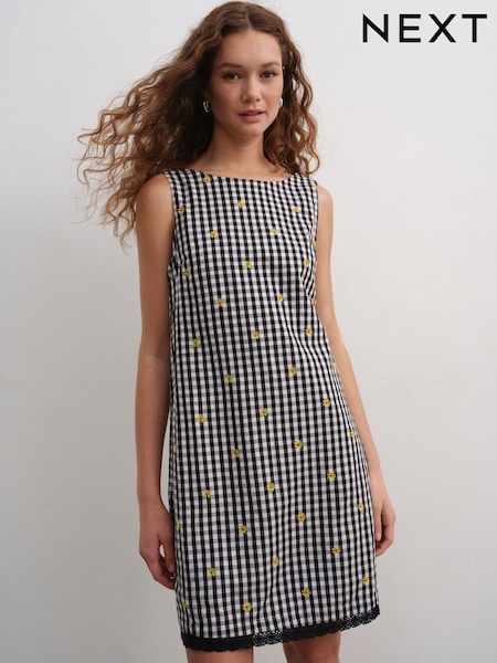 Black/White Gingham Embroidered Daisy Mini Shift Dress (AT3367) | £38