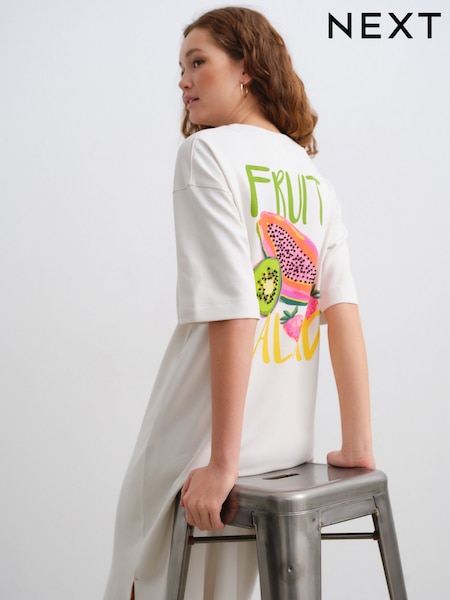 Off White Cream Fruit Graphic Short Sleeve Crew Neck Jersey Back Graphic Midi Dress (AT3371) | £33