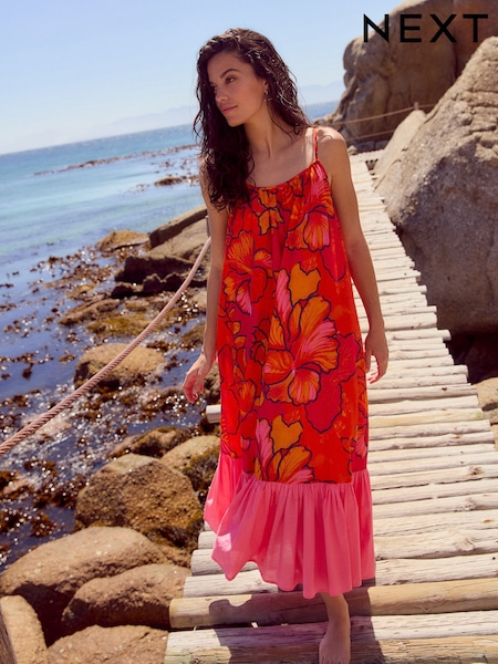 Red/Orange Floral 100% Cotton Strappy Tiered Midi Dress (AT3393) | £46