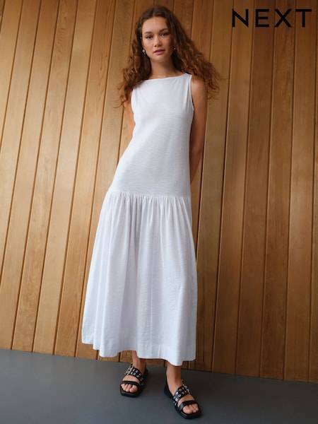 White Sleeveless Drop Waist 100% Cotton Crew Neck Midi Dress (AT3401) | £28