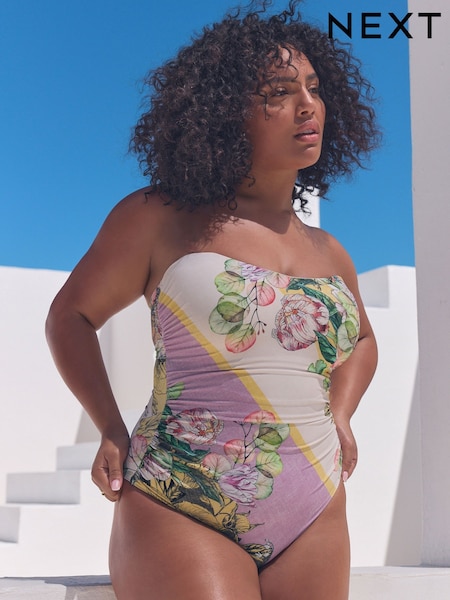 Lilac/Cream Floral Print DD+ Bandeau Tummy Control Swimsuit (AT3403) | £60