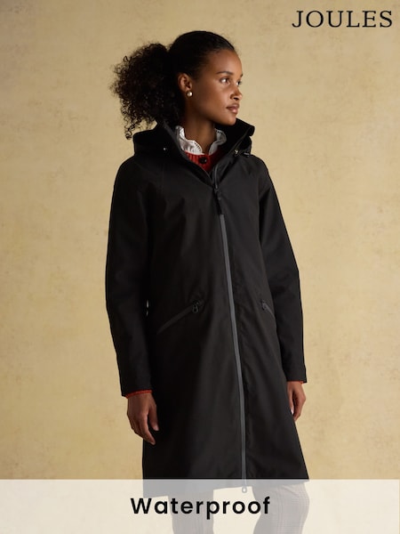 Joules Rainaway Black Lightweight Waterproof Longline Raincoat with Hood (AT3598) | £99