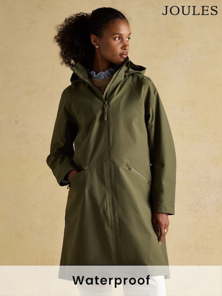Joules Rainaway Green Lightweight Waterproof Longline Raincoat with Hood (AT3599) | £99
