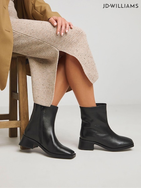 JD Williams Black Low Block Heel Square Toe Leather Boots In Wide Fit (AT3803) | £69