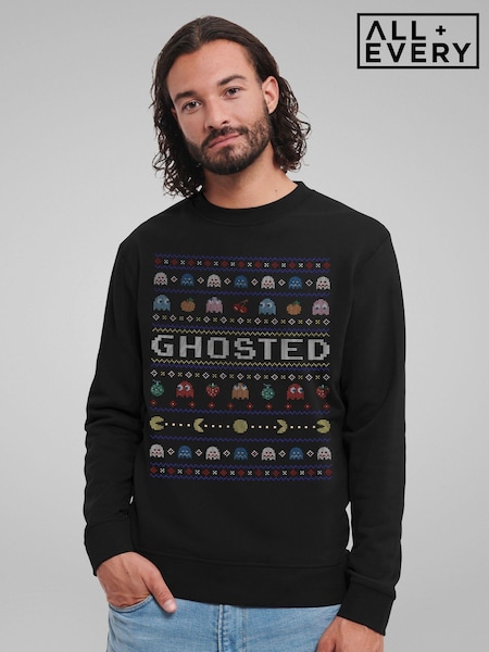 All + Every Black Pac Man Halloween Ghosted Mens Sweatshirt (AT3845) | £35