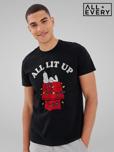 All + Every Black Peanuts Christmas All Lit Up Snoopy Mens 100% Cotton T-Shirt (AT3849) | £25