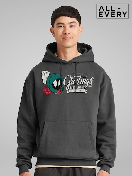 All + Every Grey Looney Tunes Christmas Marvin Seasons Greetings Earthlings Mens Hooded Sweatshirt (AT3851) | £40