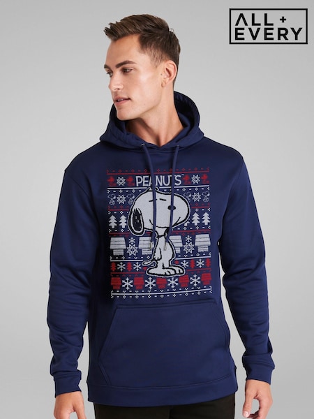 All + Every Blue Peanuts Snoopy Christmas Knit Pattern Mens Hooded Sweatshirt (AT3856) | £40