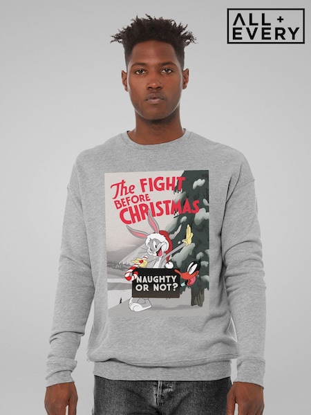 All + Every Grey Looney Tunes Christmas Bugs Bunny The Fight Before Xmas Mens Sweatshirt (AT3859) | £35