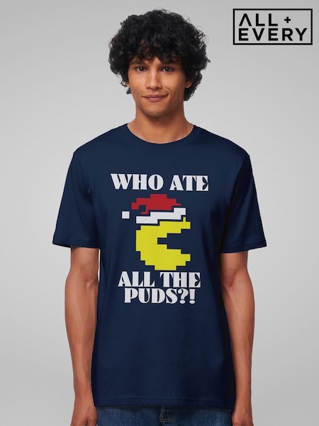 All + Every Blue Pac Man Christmas Who Ate All The Puds Mens 100% Cotton T-Shirt (AT3861) | £25