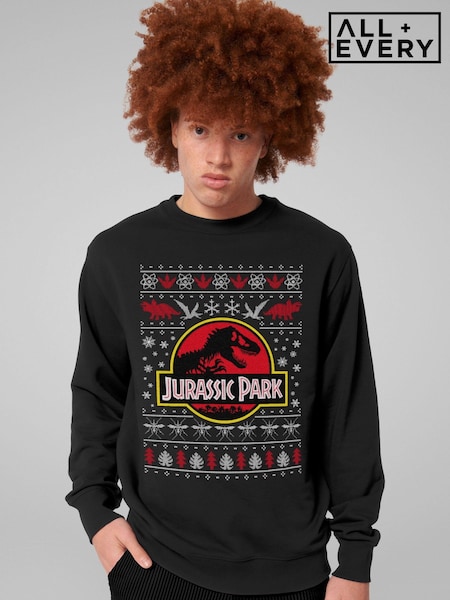 All + Every Black Jurassic Park Logo Christmas Knit Pattern Mens Sweatshirt (AT3870) | £35