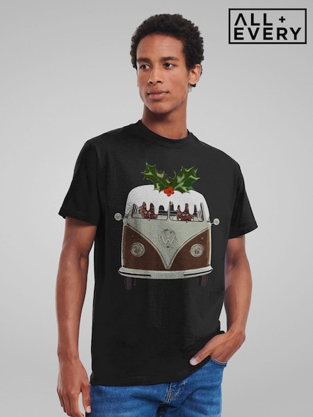 All + Every Black Mens Official Volkswagen Christmas Pudding Camper 100% Cotton T-Shirt (AT3872) | £25