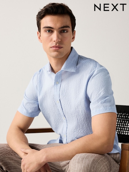 Blue Regular Fit Short Sleeve Seersucker Shirt (AT3883) | £32