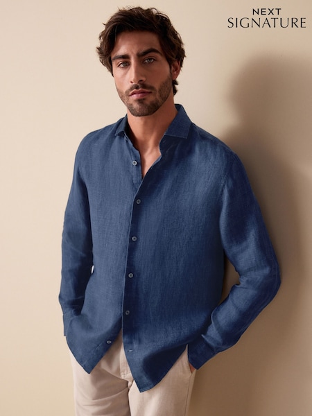 Navy Regular Fit Signature 100% Delave Linen Long Sleeve Shirt (AT3884) | £55