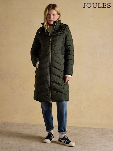 Joules Pembury Khaki Green Showerproof Longline Padded Coat with Hood (AT3899) | £139