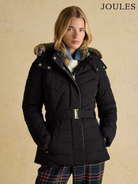 Joules Aspen Black Showerproof Padded Coat with Faux Fur Hood (AT3904) | £169