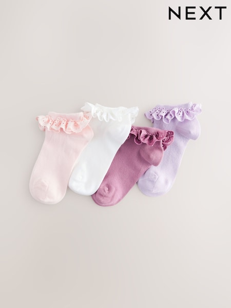 Pink. Purple And White Cotton Rich Ruffle Trainer Socks 4 Pack (AT4449) | £7.50 - £9.50