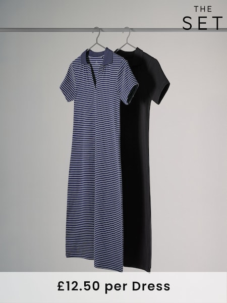 The Set Navy/Neutral Navy Stripe 2 Pack Ribbed Polo Neck Short Sleeved Midi Dress (AT4461) | £25