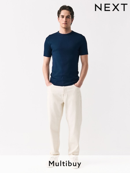Navy Ribbed Short Sleeve Crew T-Shirt (AT4467) | £12