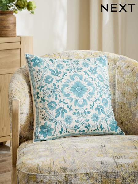 Blue Floral Tile Printed Cushion (AT4541) | £16