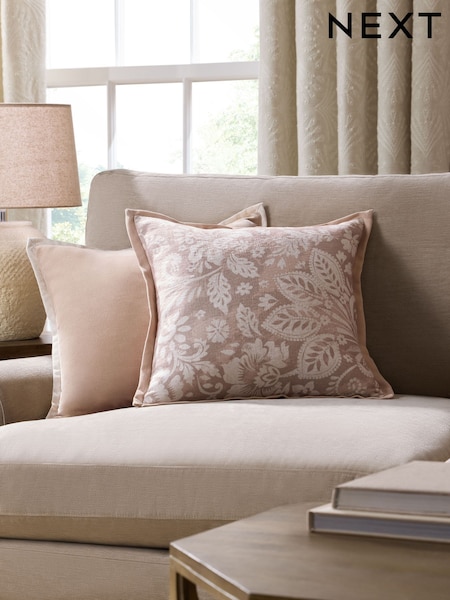 Pink/Natural Country Luxe Floral Print Woodblock Cushion (AT4547) | £20