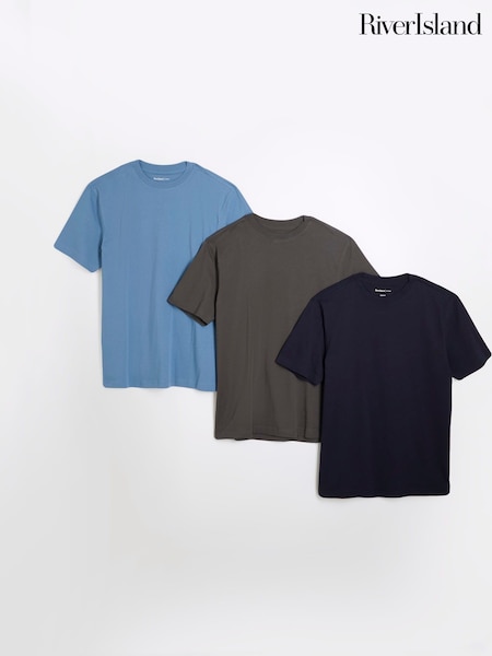 River Island Blue Slim Fit T-Shirts 3 Pack (AT4587) | £30