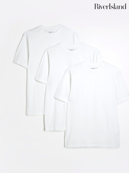 River Island White Slim Fit T-Shirts 3 Pack (AT4612) | £30