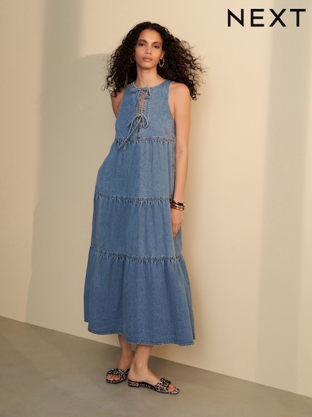 Mid Blue 100% Cotton Tie Front Smock Denim Dress (AT4653) | £48