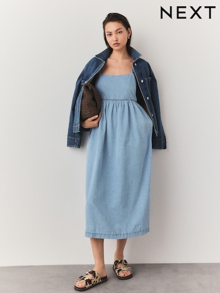 Mid Blue Strappy Denim 100% Cotton Midi Dress (AT4655) | £48