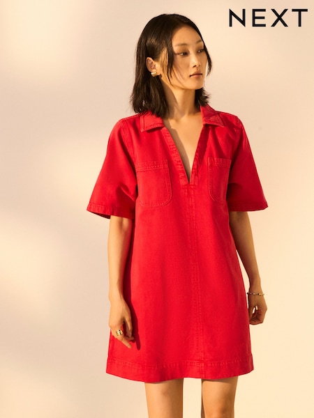 Red 100% Cotton Front Pocket Denim Mini Dress (AT4662) | £35