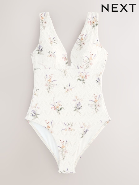 White Floral Lace Plunge Shaping Tummy Control Swimsuit (AT4910) | £42