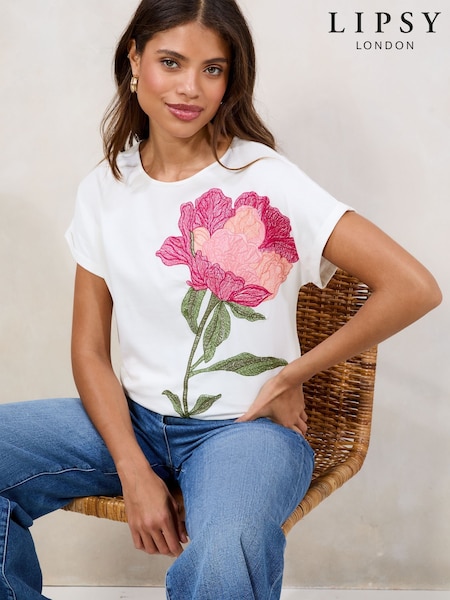 Lipsy White 100% Cotton Embroidered Floral T-Shirt (AT5030) | £35
