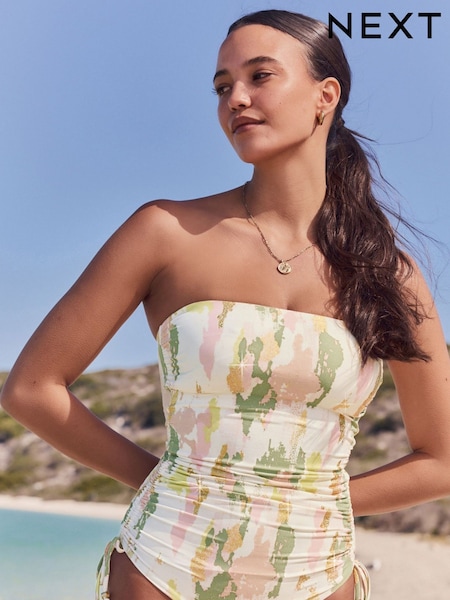 Cream/Pink Camo Foil Bandeau Ruched Leg Tummy Control Shaping Swimsuit (AT5072) | £40